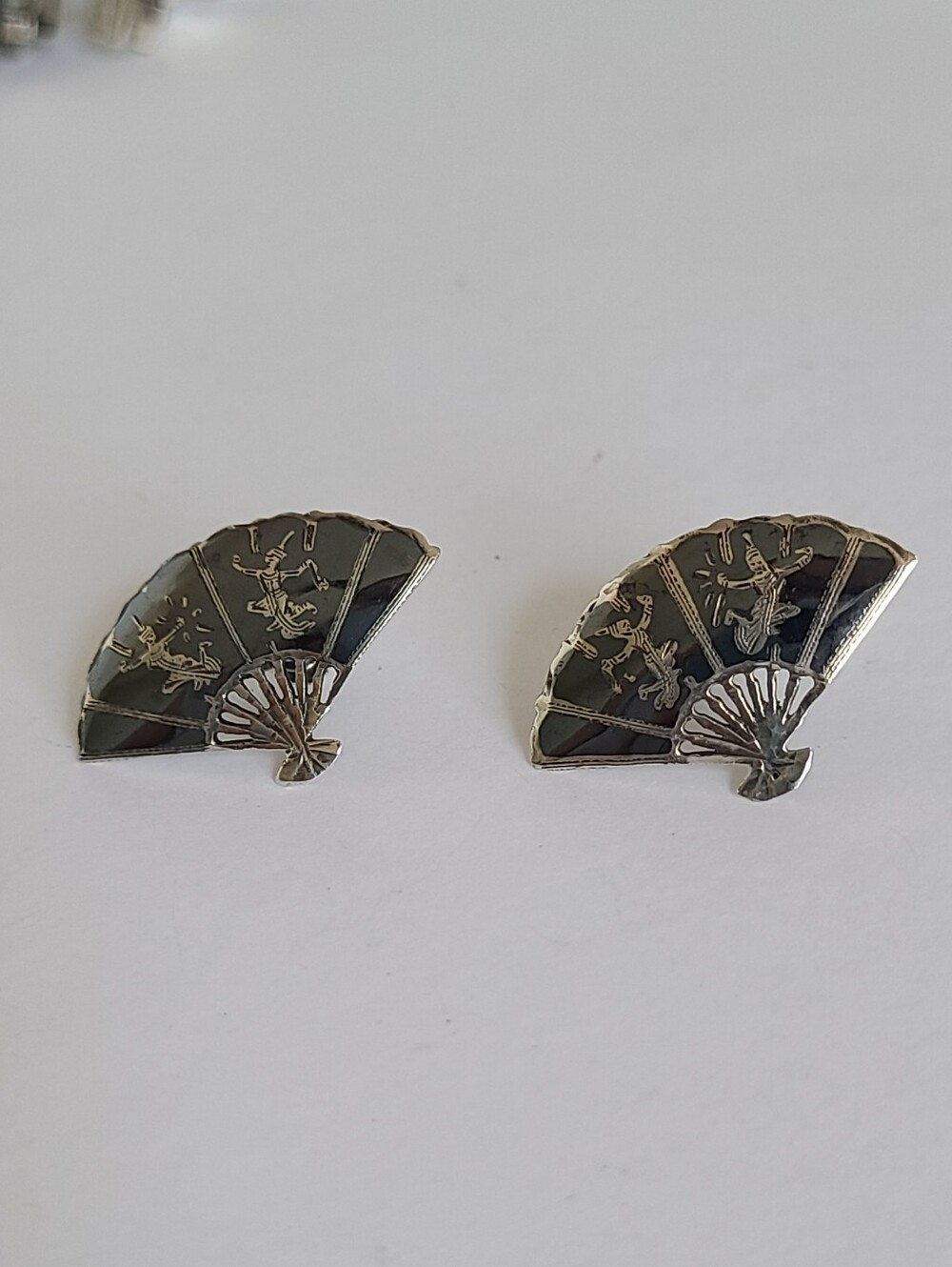 Vintage Sterling Silver Siam Asian Thai Ethnic Fan Clip On Earrings